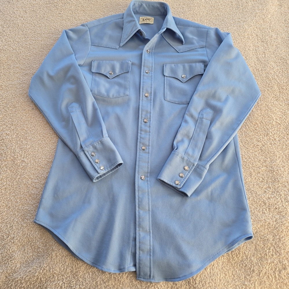 Vtg Lee Western Pearl Snap Ribbed Shirt Extra Long Tails USA Made Rodeo Festival